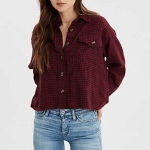 American Eagle Boxy Plaid Cotton Button Up Shirt